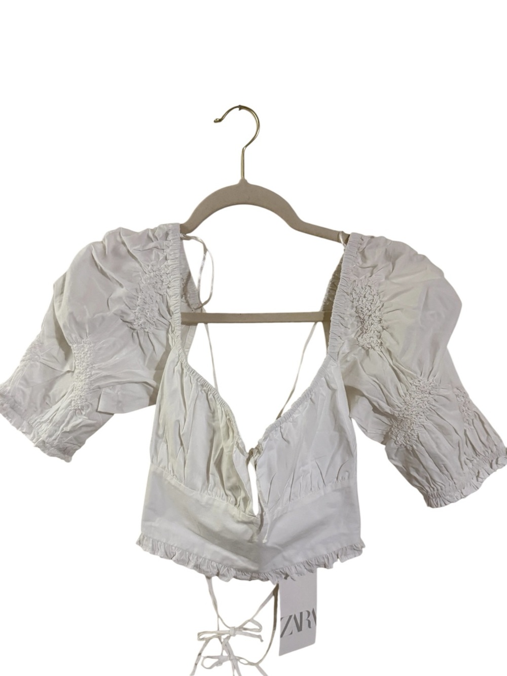 Zara White Tie-Front Puff Sleeve Blouse